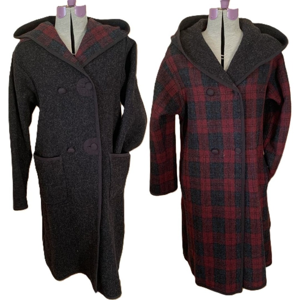 Woolrich Reversible Wool Blend Hooded Long Coat Wine Plaid Charcoal USA Pocket S